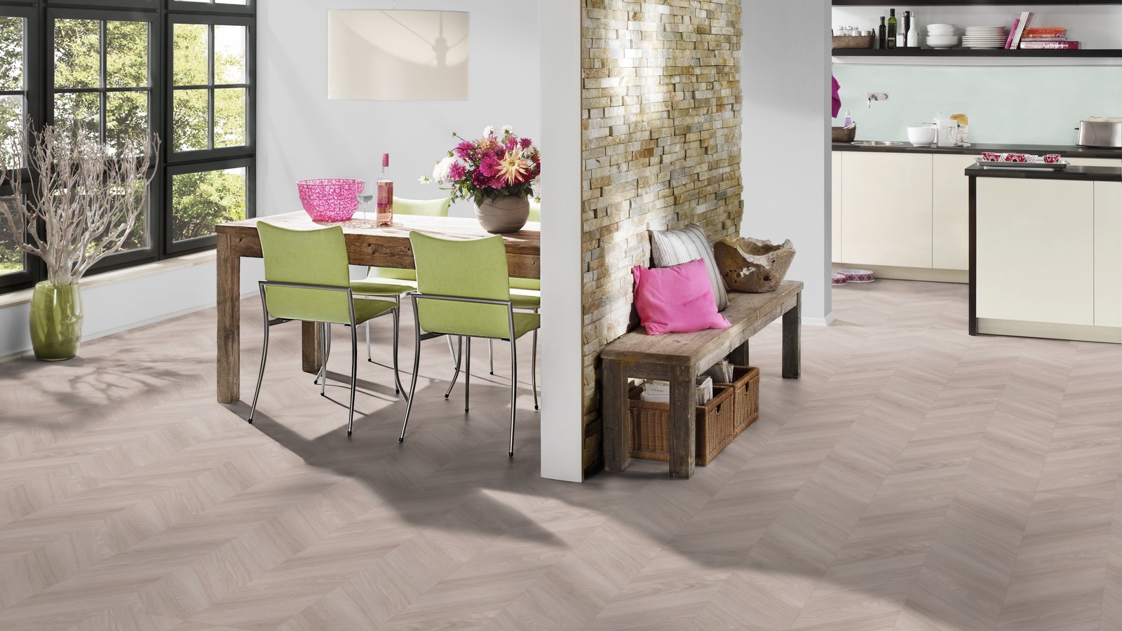 TER HÜRNE Vinylboden Eiche Sofia beige Fischgrät J11 | Stone Choice | 21 m²-4012853128684