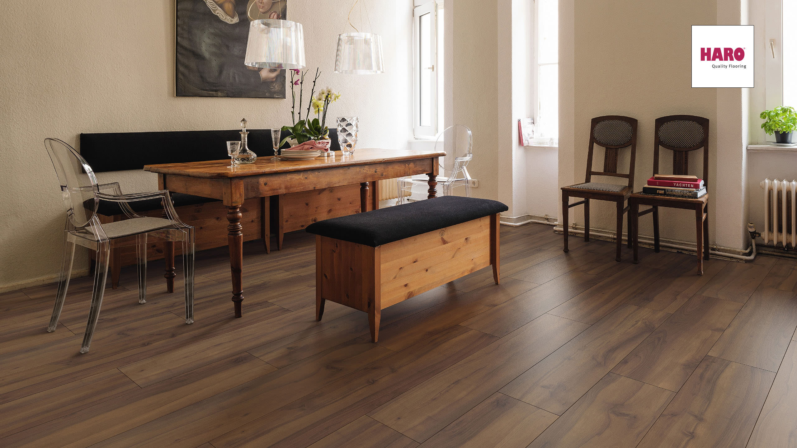 HARO Laminat Nussbaum Romano Landhausdiele 4V | Tritty 100 Campus | 17 m²-4018427399689 guenstig bei bodenverkauf.de kaufen HARO Laminat Nussbaum Romano Landhausdiele 4V | Tritty 100 Campus | 17 m²-4018427399689