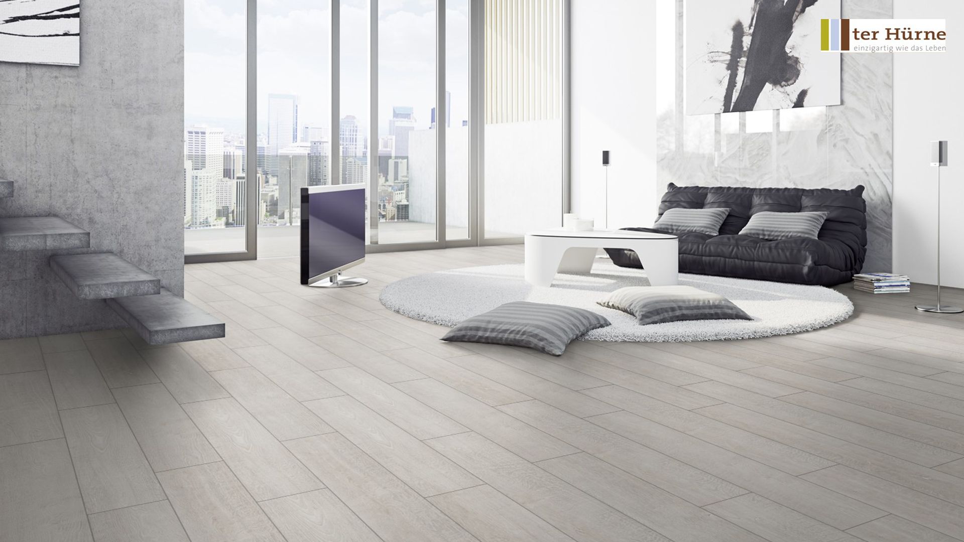 TER HÜRNE Laminat Eiche weißgrau Landhausdiele breit 4-seitige V-Fuge | Breeze Line | 26 m²-4012853120619